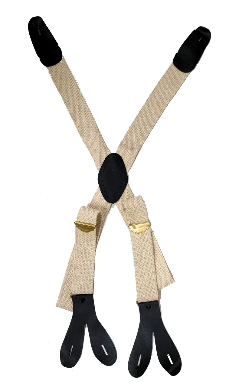 leather edged canvas suspenders with brass buckles scaled