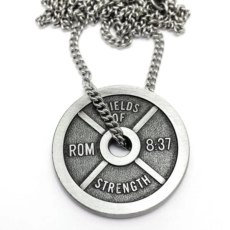 women s weight plate necklace romans 8 37 verse